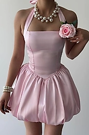 Halter yaka Pembe saten elbise