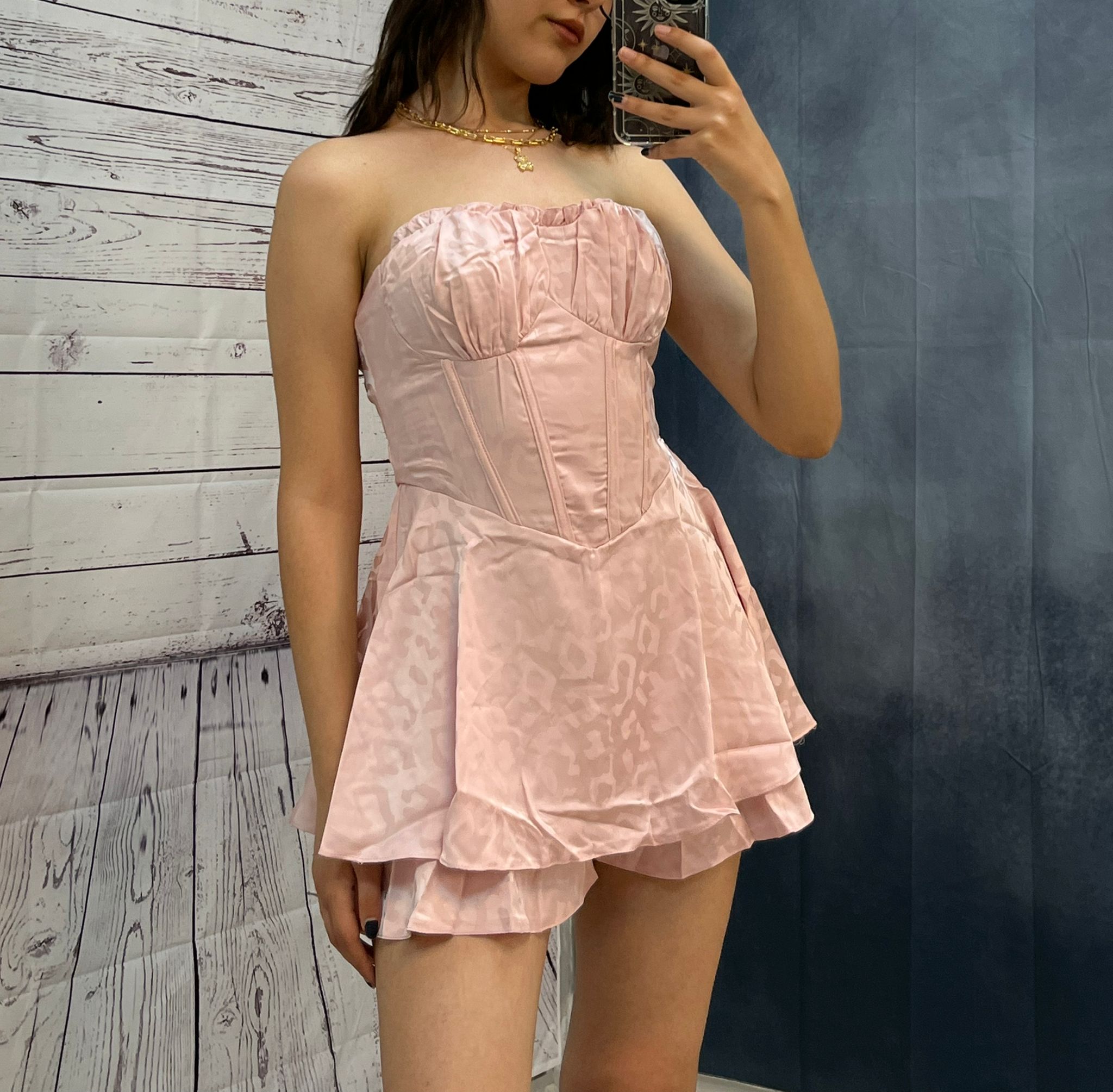 Pembe Saten Korse Detaylı Mini Elbise