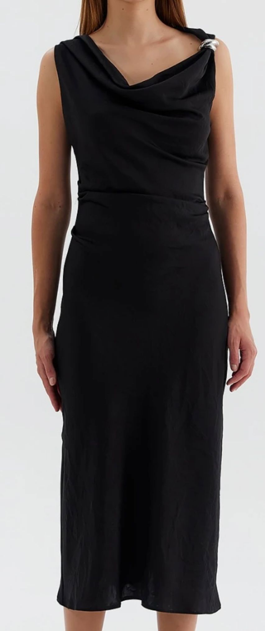 gold toka detaylı saten midi elbise