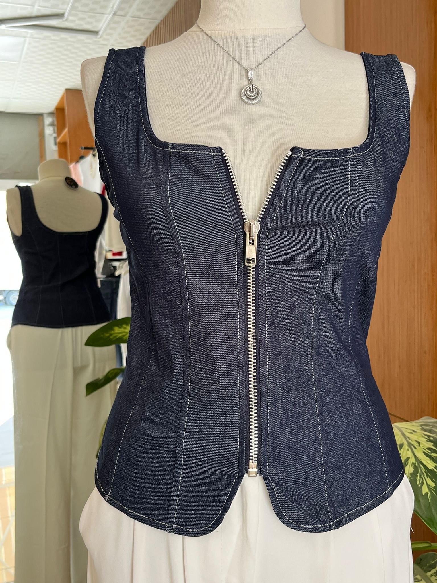 Denim Fermuarlı Top