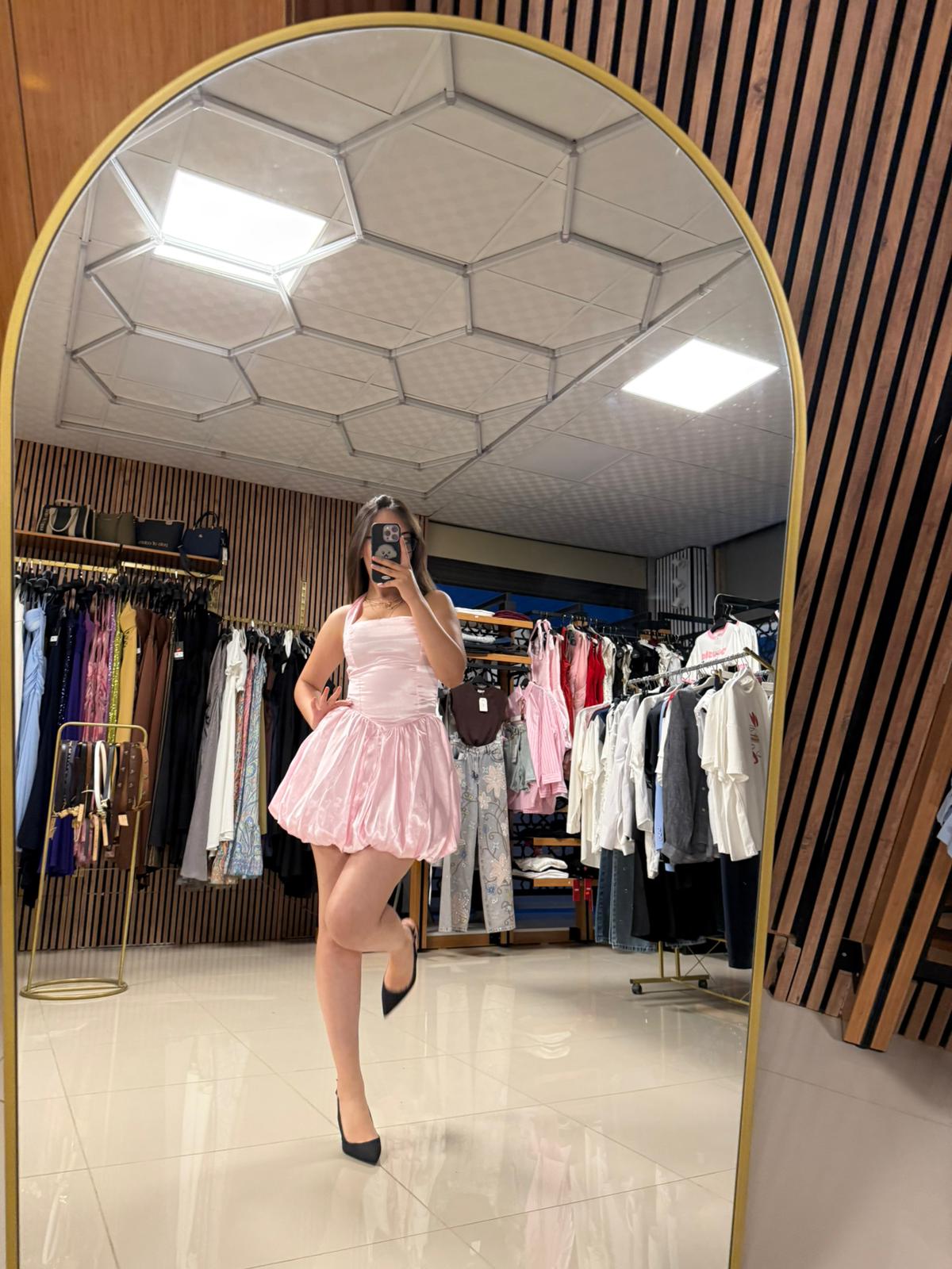 Halter yaka Pembe saten elbise